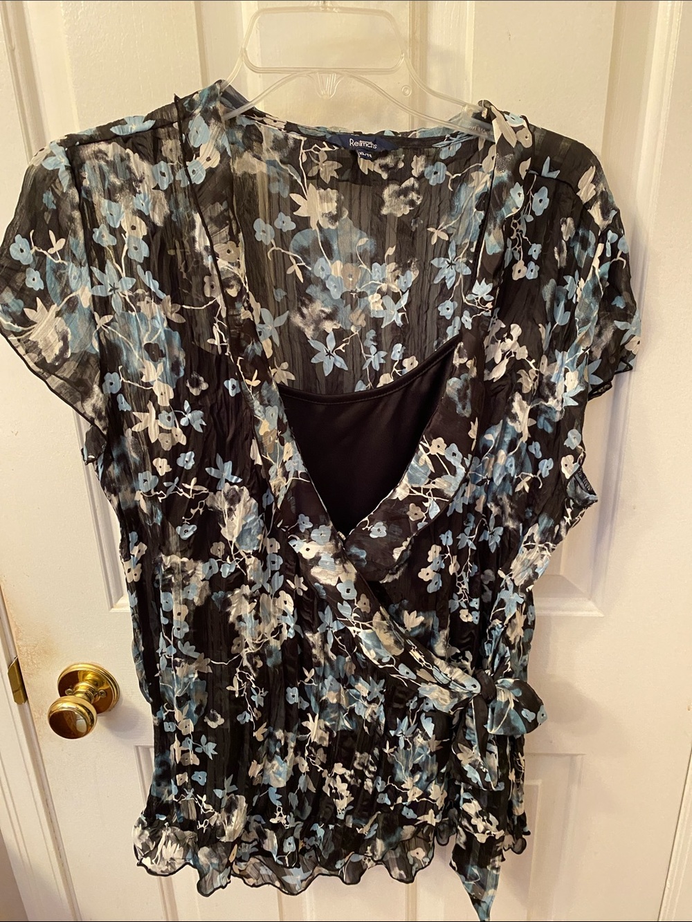Reitmans Black Floral Wrap Blouse with Blue and White Flowers and camisole